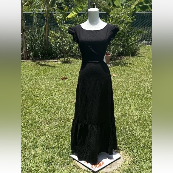 Jason Wu Open Back Linen Blend Tiered Hem Midi Sundress Black Flutter Sleeve M - Picture 7 of 11